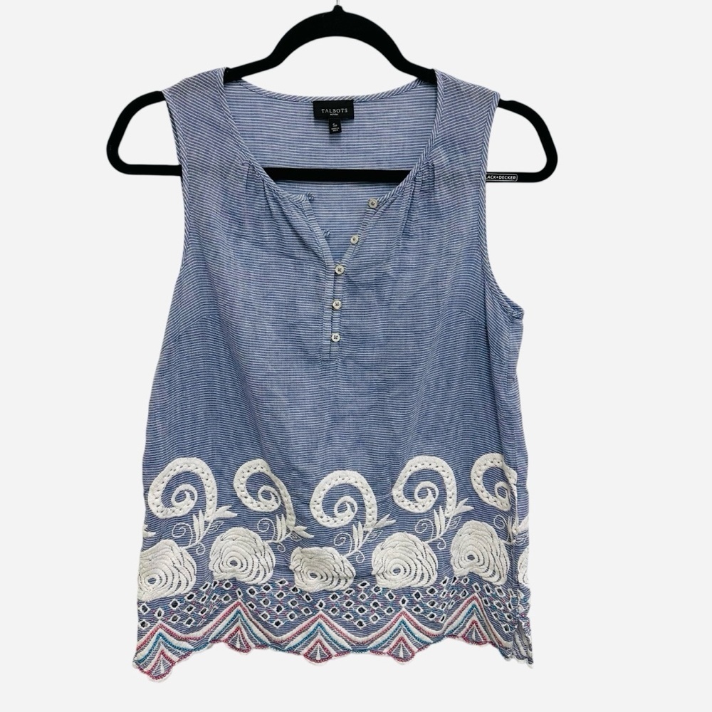 Talbots blue white striped top with embroidery and scalloped hem spring summer